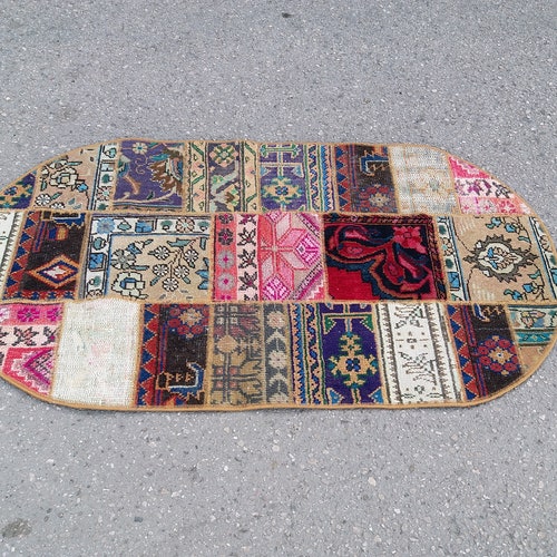 Oval rug runner 2.6x4.9ft,patchwork rug,turkish rug,kitchen shops runner rug,multi color rug,oushak runner,handmade rug,bohemian rug,oval area rug