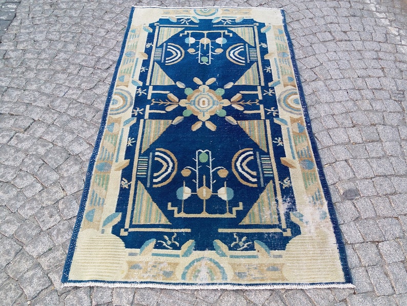Blue Vintage Rug 3.8x6.7 ft,colorful rug,large turkish rug,boho decor,hand woven rug,large area rug,turkish runner,blue oushak rug,aztec rug