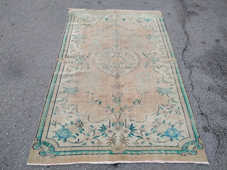 Turkish Rug 5x8 ft,large area rug,muted color rug,vintage oushak rug,bedroom rug,green rug runner,hand knotted rug,bohemian rug,rustic rug