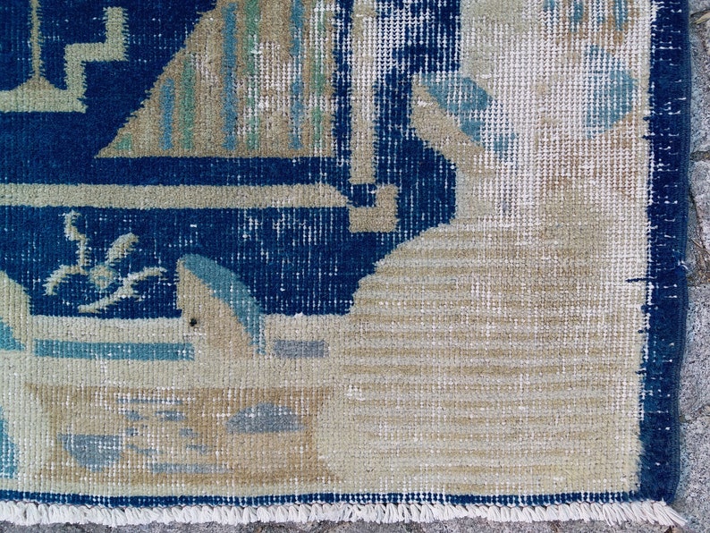 Blue Vintage Rug 3.8x6.7 ft,colorful rug,large turkish rug,boho decor,hand woven rug,large area rug,turkish runner,blue oushak rug,aztec rug