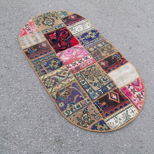 Oval rug runner 2.6x4.9ft,patchwork rug,turkish rug,kitchen shops runner rug,multi color rug,oushak runner,handmade rug,bohemian rug,oval area rug
