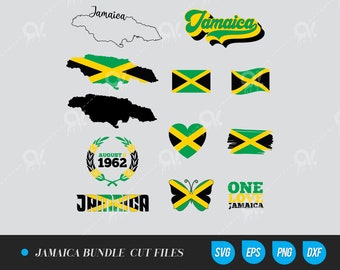 May include: A digital download bundle of Jamaica-themed cut files. The bundle includes a black and green Jamaican flag, a heart-shaped Jamaican flag, a butterfly with Jamaican flag colors, a wreath with the text "August 1962", a black silhouette of Jamaica, a white outline of Jamaica with the text "Jamaica", a stylized text "Jamaica", and a Jamaican flag with the text "One Love Jamaica".