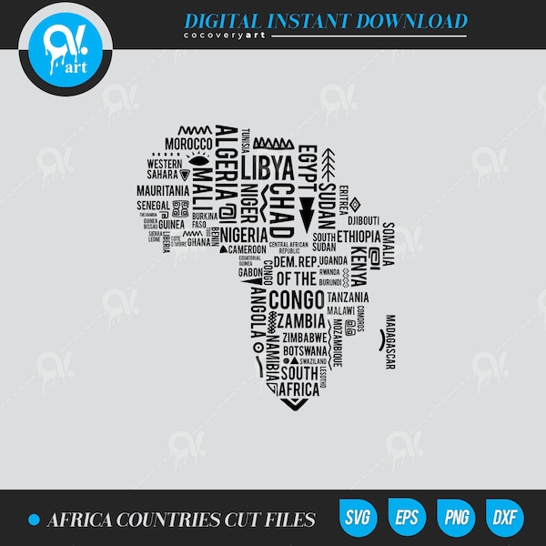 Africa Map with countries' names inside Text SVG cut files vector files Clip art Cut files instant download