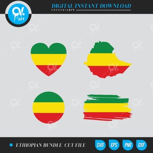 May include: A digital download bundle of four Ethiopian flag designs. The designs include a heart, a circle, a map of Ethiopia, and a brushstroke. All designs are in the colors green, yellow, and red.