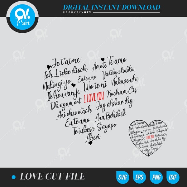 I Love you in different languages ai, svg, eps file for Silhouette Cameo, Curio, cut file for cutting machines, instant download