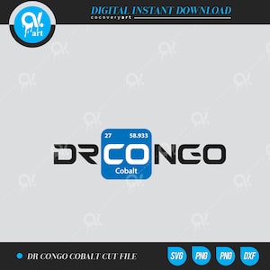 May include: A digital cut file design featuring the text "DR CONGO" with the chemical element symbol for Cobalt, "Co", in a blue square with the atomic number 27 and atomic weight 58.933. The text "Cobalt" is written below the symbol.