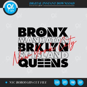 New York City Boroughs Brooklyn, Bronx, Ai,Eps,Png, file in formato Svg per Silhouette Cameo, Curio, file di taglio per macchine da taglio, download istantaneo