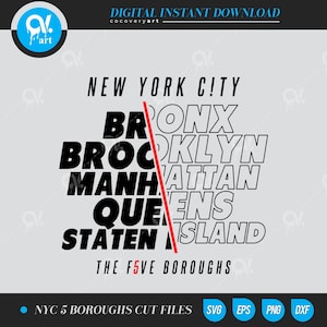 New York City 5 Boroughs Brooklyn, Bronx, Queens, Manhattan St. Island SVG file di taglio file vettoriali Clip art File di taglio download immediato