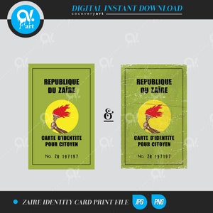 Zaire identity card Carte d'identité 2 versions  high resolution 300 dpi ready to print , instant download