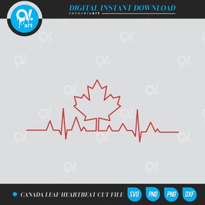 Puede incluir: Un contorno rojo de una hoja de arce canadiense con una línea de latido del corazón roja debajo. El diseño es para un archivo de corte digital.