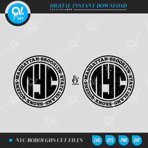 May include: Black and white graphic design of the NYC boroughs with the text "Queens-Manhattan-Brooklyn-Staten Island-Bronx" surrounding a circle with the letters "NYC" inside. The design is distressed and has a grunge effect.