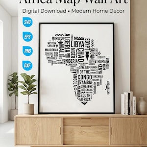 Afrika-Karte Typografie-Druck: Modernes Schwarz-Weiß-Länderposter (Digitaler Download)
