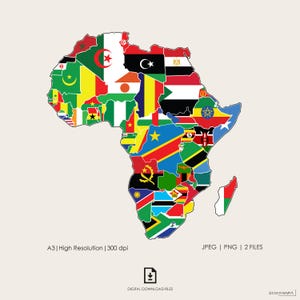 Op de afbeelding: Een kaart van het Afrikaanse continent verdeeld in secties, elk gevuld met de nationale vlag van het betreffende land. De tekst A3 | High Resolution | 300 dpi, JPEG | PNG | 2 FILES en DIGITAL DOWNLOAD FILES is zichtbaar.