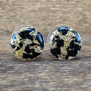 Black Tourmaline and Gold Foil Gemstone Plugs, Handmade Lightweight Double Flared Resin Gauges, Semi Precious Stone Earring Metal Leaf Flake