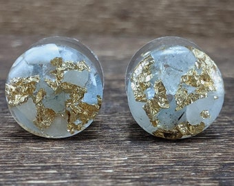 Aquamarine and Gold Leaf Round Gemstone Plugs, Handmade Double Flare Resin Gauges Light Blue Semi Precious March Birthstone Metal Foil Flake