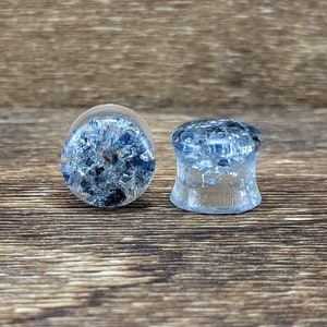 Blue Aventurine and Silver Gemstone Round Plugs, Metal Flake Foil Gauges, Gem Stone, Aventurine Gauges, Blue Plugs, Handmade Resin, Navy