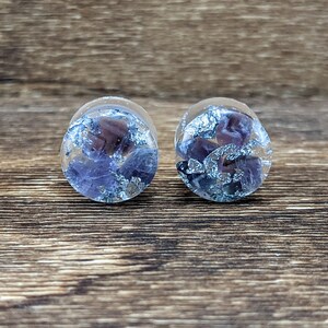 Amethyst and Silver Round Gemstone Plugs, Purple February Birthstone Gauges, Handmade Double Flare Resin Gauged Earrings, Metal Foil Flake