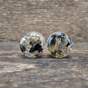Gold Leaf Smoky Quartz Gemstone Round Plugs, Handmade Double Flare Resin Gauges, Semi Precious Grey Black Earrings, Metal Foil Flake Earring