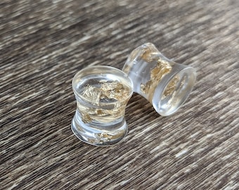 Gold Flake Plugs, Real Gold Foil Plugs, Gold Gauges, Double Flare Plugs, Clear Plugs, Handmade Plugs, Resin Plugs, Precious Metal Plugs,Gold