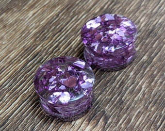 Purple Foil Glitter Round Plugs, Purple Glitter Plugs, Purple Gauges, Double Flare Plugs, Lavender Plugs, Handmade Plugs, Lavender Gauges
