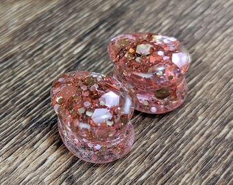 Pink Champagne Gold Glitter Teardrop Plugs, Champagne Plugs, Teardrop Gauges, Pink Plugs, Double Flare Plugs, Glitter Gauges, Handmade Plugs