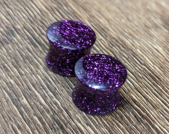 Deep Purple Plugs, Glitter Plugs, Glitter Gauges, Purple Fine Glitter, Double Flare Plugs, Purple Plugs, Handmade Plugs, Resin Plugs, Violet