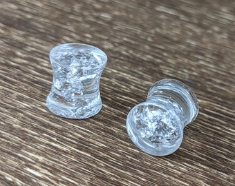 Silver Flake Plugs, Silver Foil Plugs, Silver Gauges, Double Flare Plugs, Clear Plugs, Handmade Plugs, Resin Plugs, Precious Metal Plugs