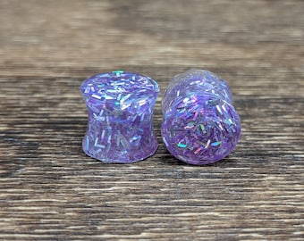 Holo Purple Glitter Plugs, Lavender Plugs, Glitter Gauges, Double Flare Plugs, Glitter Plugs, Handmade Plugs, Resin Plugs, Pastel Plugs