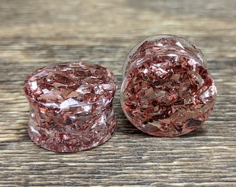 Rose Gold Foil Glitter Round Plugs, Pink Glitter Plugs, Rose Gold Gauges, Double Flare Plugs, Pink Plugs, Handmade Plugs, Rose Gold Plugs