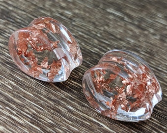 Copper Foil Clear Teardrop Plugs, Teardrop Gauges, Tear Drop, Double Flare Plugs, Copper Flake, Copper Plugs, Handmade Plugs, Resin Plugs