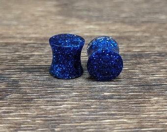 Blue Small Glitter Plugs, Blue Plugs, Blue Glitter Gauges, Double Flare Plugs, Glitter Plugs, Handmade Plugs, Resin Plugs, Body Jewelry,Blue