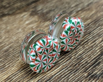 Christmas Candy Plugs, Mint Swirl Round Gauges, Xmas Gauged Earrings, Red Green White Plugs, Xmas Gauges, Holiday Plugs, Peppermint Patty