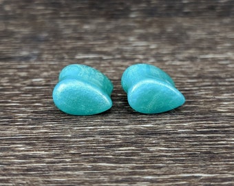 Green Teardrop Pearl Plugs, Tear Drop, Gold Luster, Green Plugs, Double Flare Plugs, Green Gauges, Handmade Plugs, Resin Plugs, Resin Gauges