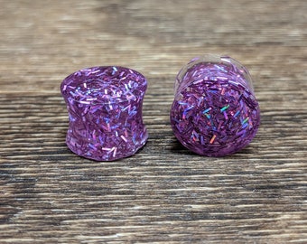 Purple Holo Glitter Plugs, Purple Plugs, Glitter Gauges, Double Flare Plugs, Glitter Plugs, Handmade Plugs, Resin Plugs Holographic Plugs