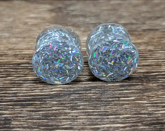 Holographic Silver Rainbow Glitter Plugs, Glitter Gauges, Double Flare Plugs, 90s Plugs, Glitter Plugs, Handmade Plugs, Resin Plugs, Holo