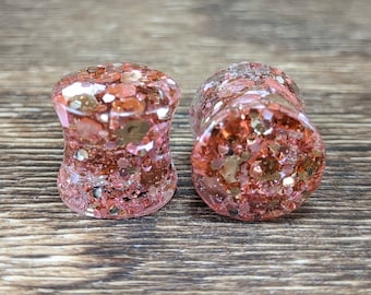 Pink Champagne Glitter Round Plugs, Pink Gold Gauges, Double Flare Plugs, Pink Glitter Gauges, Glitter Plugs, Handmade Plugs, Champagne Gold