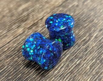 Blue Green Mermaid Glitter Round Plugs, Blue Glitter Plugs, Mermaid Gauges, Double Flare Plugs,Mermaid Plugs,Handmade Plugs,Blue Green Plugs