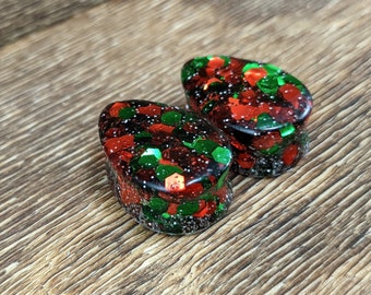 Christmas Snow Glitter Teardrop Plugs, Holiday Xmas Gauges, Red Green White Teardrop Gauges, Festive Double Flare Plugs, Chunky Glitter Plug