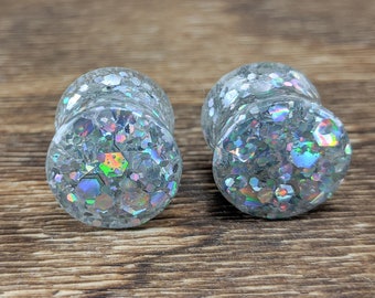 Holographic Silver Glitter Round Plugs, Silver Gauges, Double Flare Plugs, Silver Rainbow Gauges, Glitter Plugs, Handmade Plugs, Rainbow