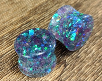 Green Mermaid Glitter Round Plugs, Mermaid Gauges, Double Flare Plugs, Green Glitter Gauges, Glitter Plugs, Handmade Plugs, Purple Green