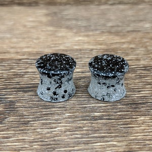 Confetti Round Plugs, Black White, Glitter Plugs, Black and White Gauges, Double Flare Plugs, Black White Plugs, Handmade Plugs, Black Plug