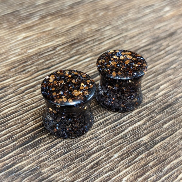 Black and Copper Glitter Plugs, Glitter Plugs, Glitter Gauges, Double Flare Plugs, Black Plugs, Handmade Plugs, Resin Plugs, Copper Plug