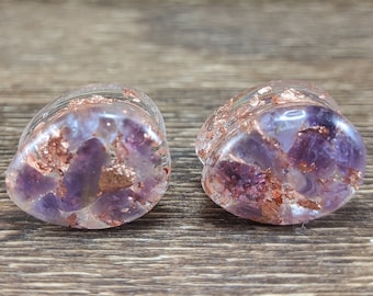 Amethyst and Copper Leaf Teardrop Plugs, Teardrop Gauges, Gemstone Plugs, Double Flare Plugs, Amethyst Gauges, Copper Flake, Purple Plugs