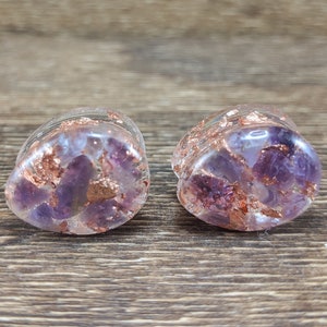 Amethyst and Copper Leaf Teardrop Plugs, Teardrop Gauges, Gemstone Plugs, Double Flare Plugs, Amethyst Gauges, Copper Flake, Purple Plugs image 1