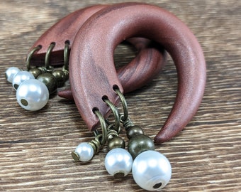 Pearl and Brass Dangle Gauged Hoops, Pearl Gauges, Customizable Gauges, Pearl Plugs, Clay Handmade Gauges, Dangle Gauges, Wedding Gauges