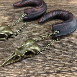 Raven Skull Gauged Hooks, Handmade Polymer Clay Gauges, Bird Skull Plugs, Black and Bronze Hoops, Halloween 2022, Raven Skull, Gauged Hooks