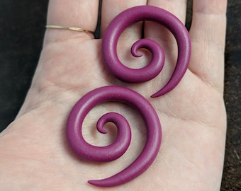 Small Magenta Simple Spiral Earrings for Gauged Ears, Large Gauge Sizes, Polymer Clay Handmade Jewelry, Minimalist Gauges, Custom Designs