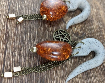 Faux Amber Pentacle Dangle Gauges, Witchy Gauges, Customizable Hooks, Handmade Clay Gauges, Dangle Gauges, Pentagram Gauges, Lightweight