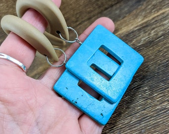 Turquoise Large Square Dangle Gauged Hooks, Polymer Clay Stretched Ear Plugs, Handmade Custom Gauges, Natural Blue Gemstone,Tan Sand Earring