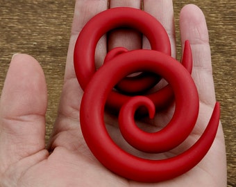 True Red Matte Spiral Gauged Earrings, Ear Gauges, Handmade Earrings, Lightweight Jewelry, Polymer Clay Earring, Clay Gauges, Plugs Tapers